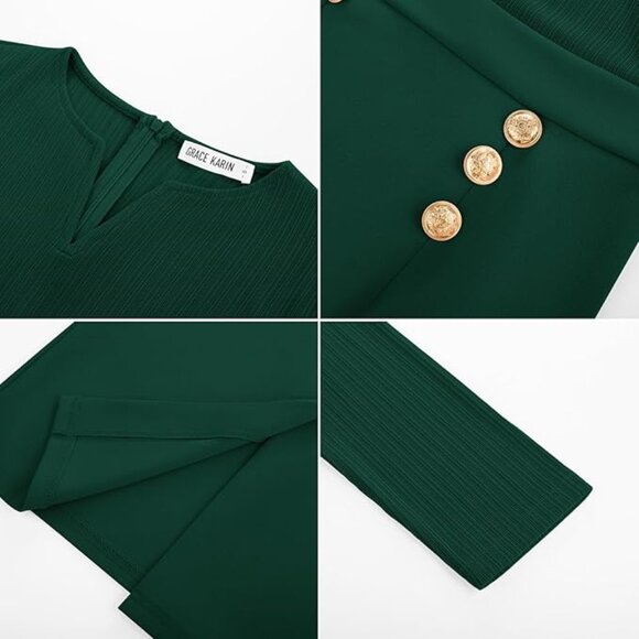 NWT GRACE KARIN XL Henly V-Neck Dress Business Sheath Long Sleeve Midi 2025 Fall - Picture 6 of 9